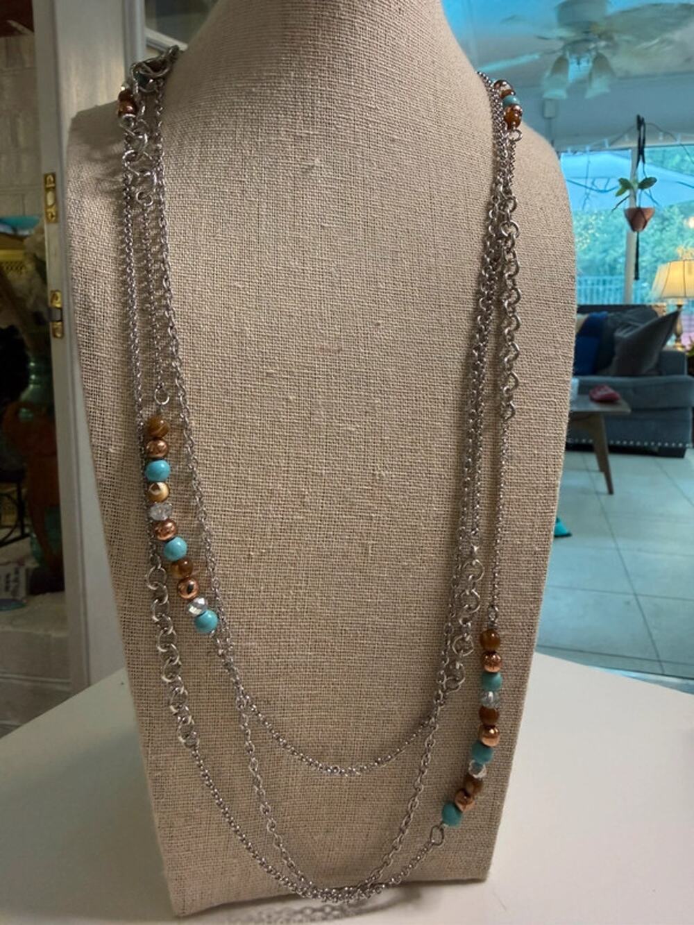 Silver tone multi strand beaded necklace 32”